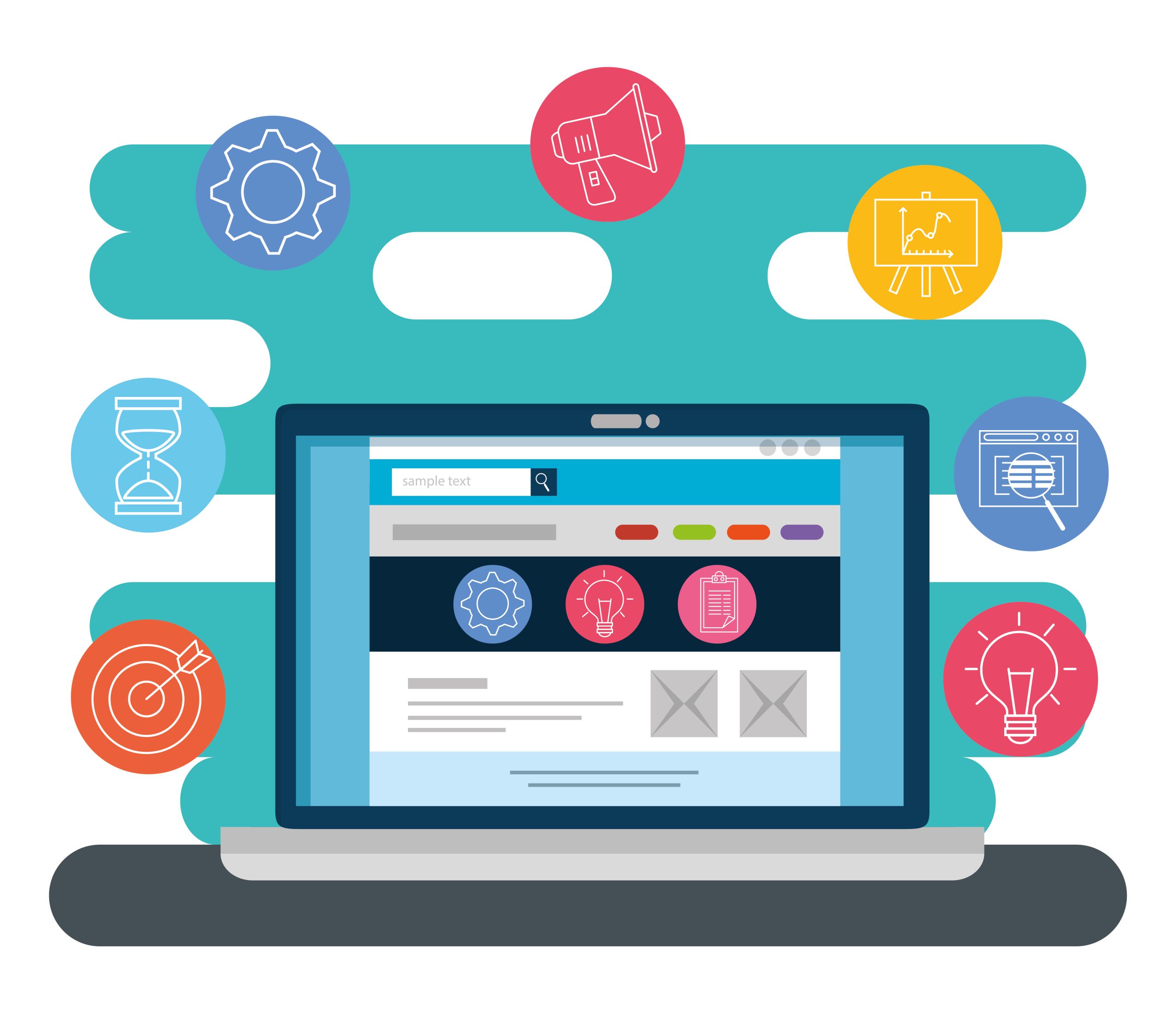 Illustration of a laptop surrounded by icons representing productivity, analytics, and communication