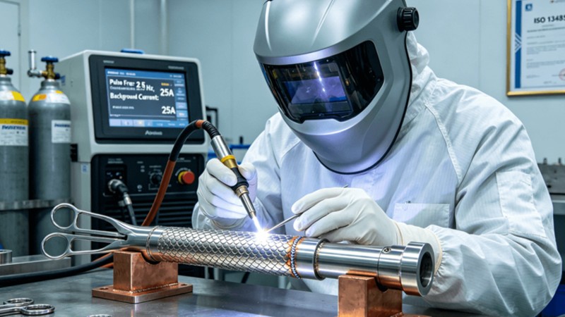 A technician performs precision TIG welding on a stainless steel medical device component in a controlled cleanroom environment, utilizing pulse technology and specialized fixtures to achieve zero-distortion, high-purity welds.