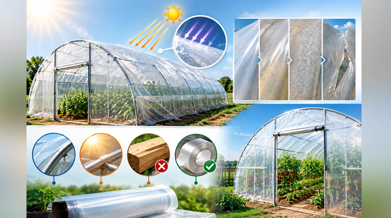 How Ultraviolet Light Ages a Greenhouse Film, and Where the Cover Gives Out First